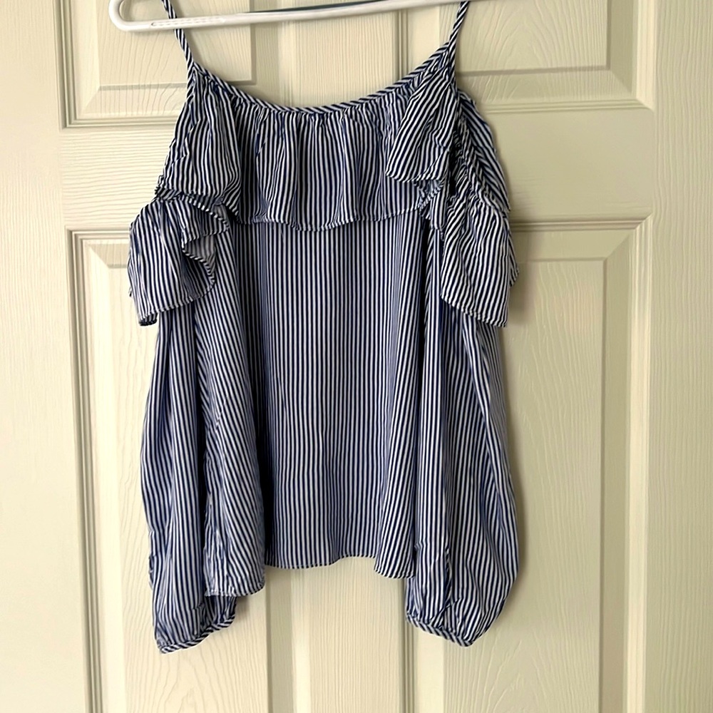 Aqua shirt top blouse. Open shoulder. Size Small. Blue and white.